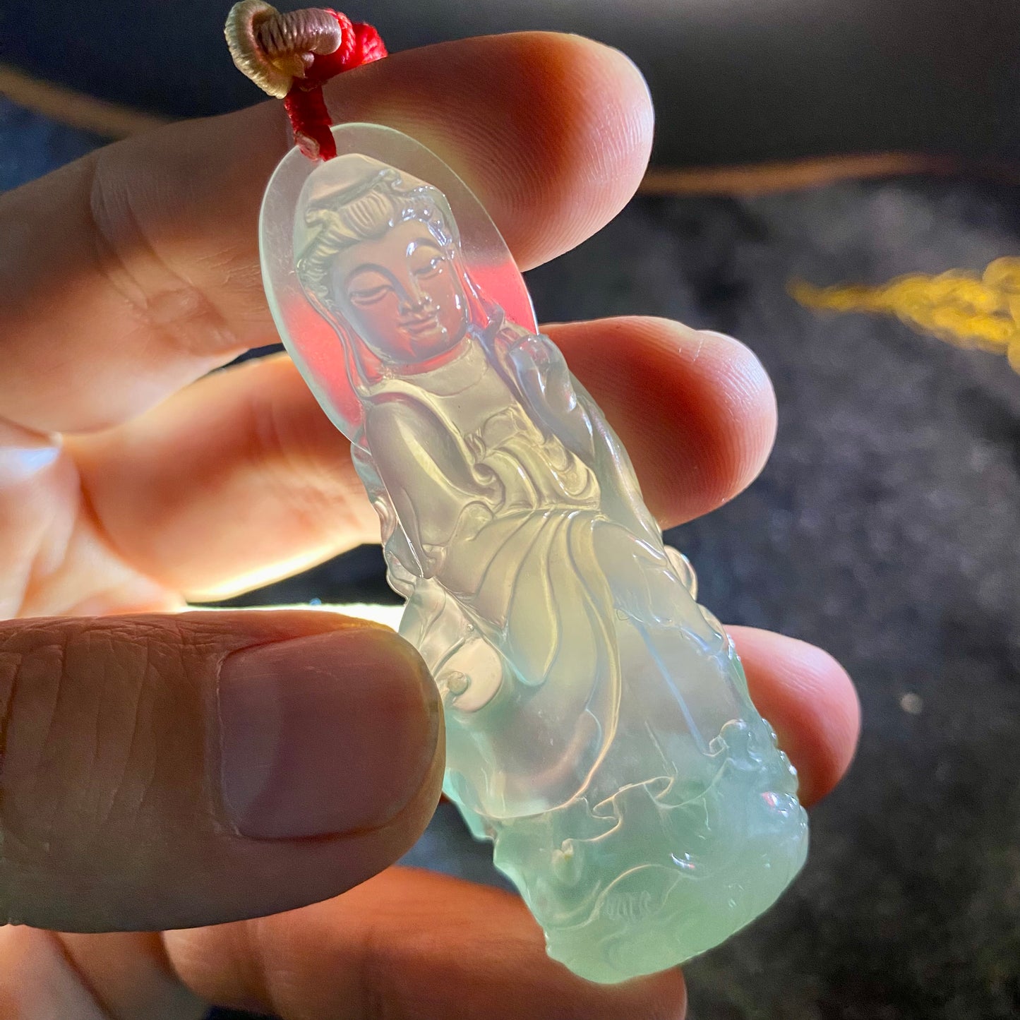 Natural Type A Jadeite | Finished Guanyin Pendant | 38g | 68×25×13mm