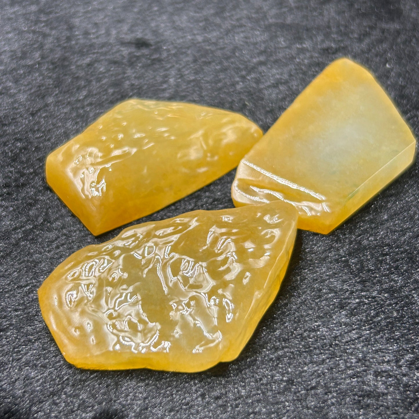Natural Type A Jadeite | Full Yellow Ice Floating Jadeite Slab (Three Pieces) | 28g & 22g & 22g | 52×33×8mm & 49×27×7mm & 44×27×9mm