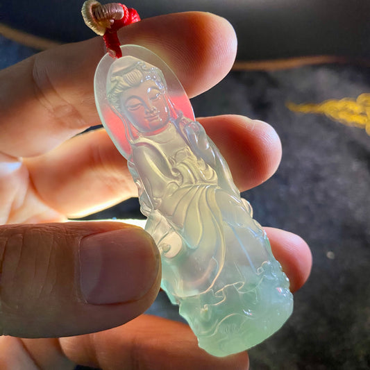 Natural Type A Jadeite | Finished Guanyin Pendant | 38g | 68×25×13mm