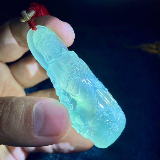 Natural Type A Jadeite | Finished Guanyin Pendant | 38g | 68×25×13mm