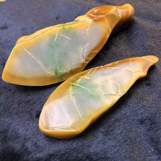 Natural Type A Jadeite | Da Ma Kan Yellow with Green Jadeite (Two Sliced Pieces) | Slightly Transparent | 1107g & 278g | 210mm × 70mm × 57mm & 150mm × 59mm × 20mm