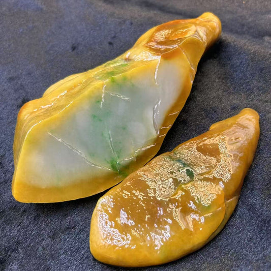 Natural Type A Jadeite | Da Ma Kan Yellow with Green Jadeite (Two Sliced Pieces) | Slightly Transparent | 1107g & 278g | 210mm × 70mm × 57mm & 150mm × 59mm × 20mm